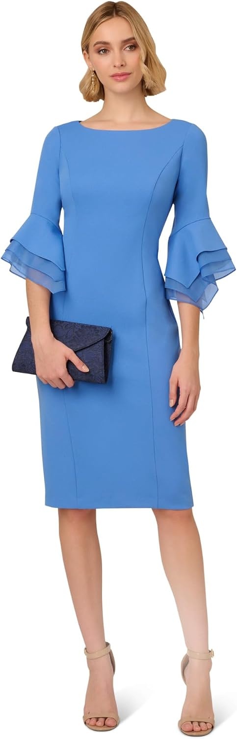 image:imageAdrianna Papell Stretch Knit Crepe Sheath Dress with Tiered Organza Bell SleeveCool Water