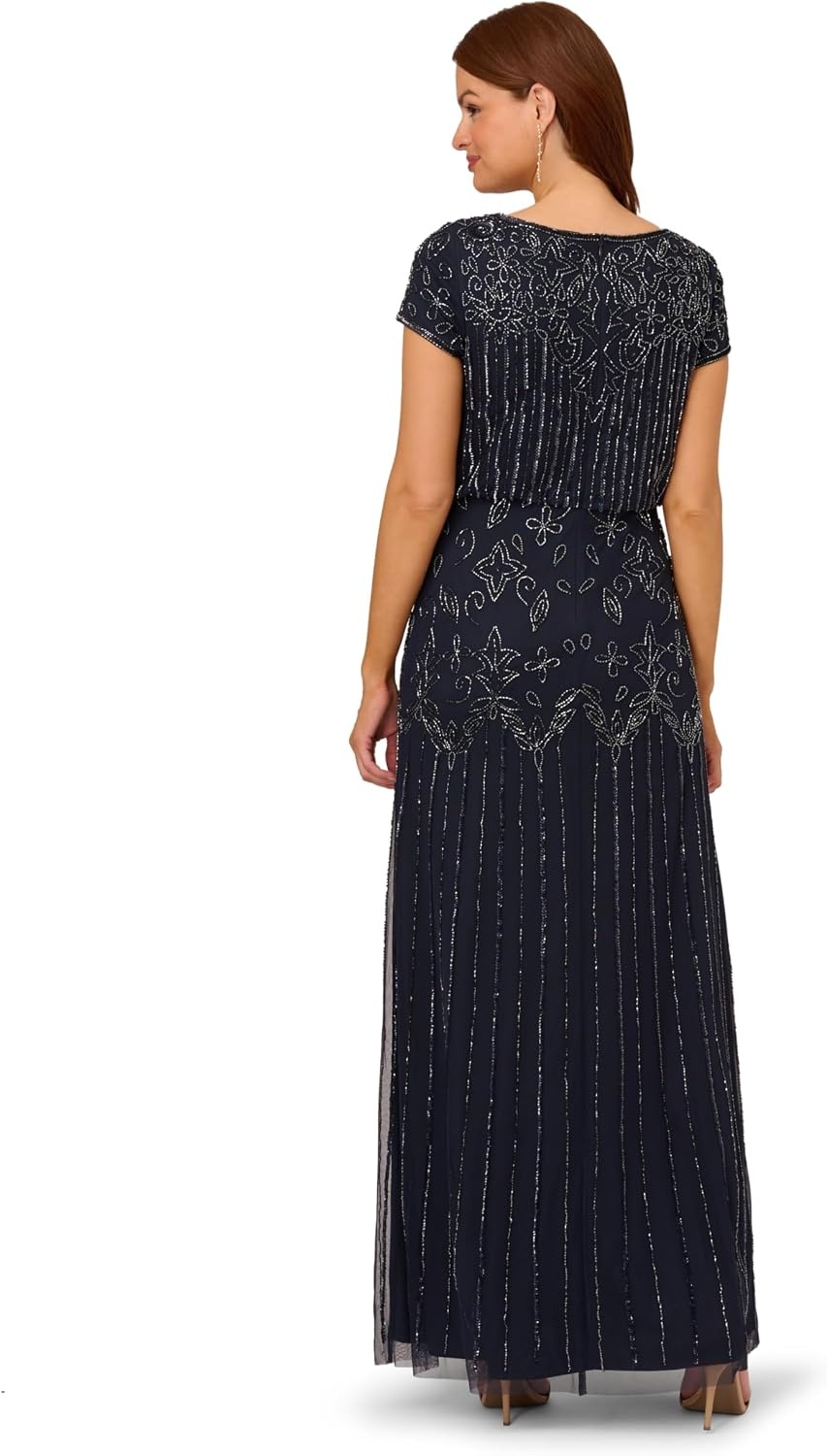 image:imageAdrianna Papell Boat Neck Short Sleeve Blouson Beaded GownNavy