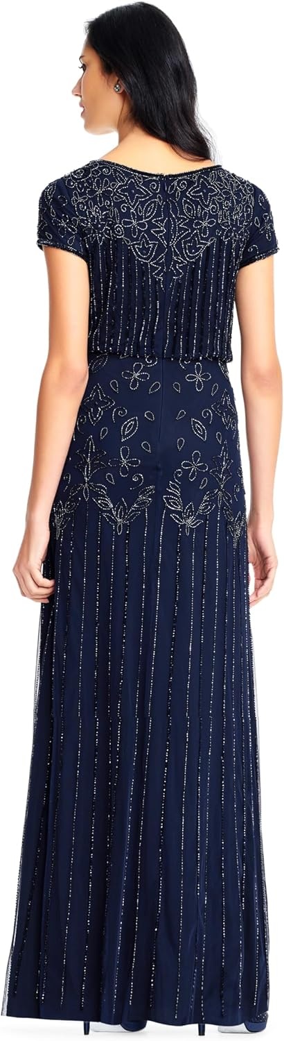 image:imageAdrianna Papell Boat Neck Short Sleeve Blouson Beaded GownNavy