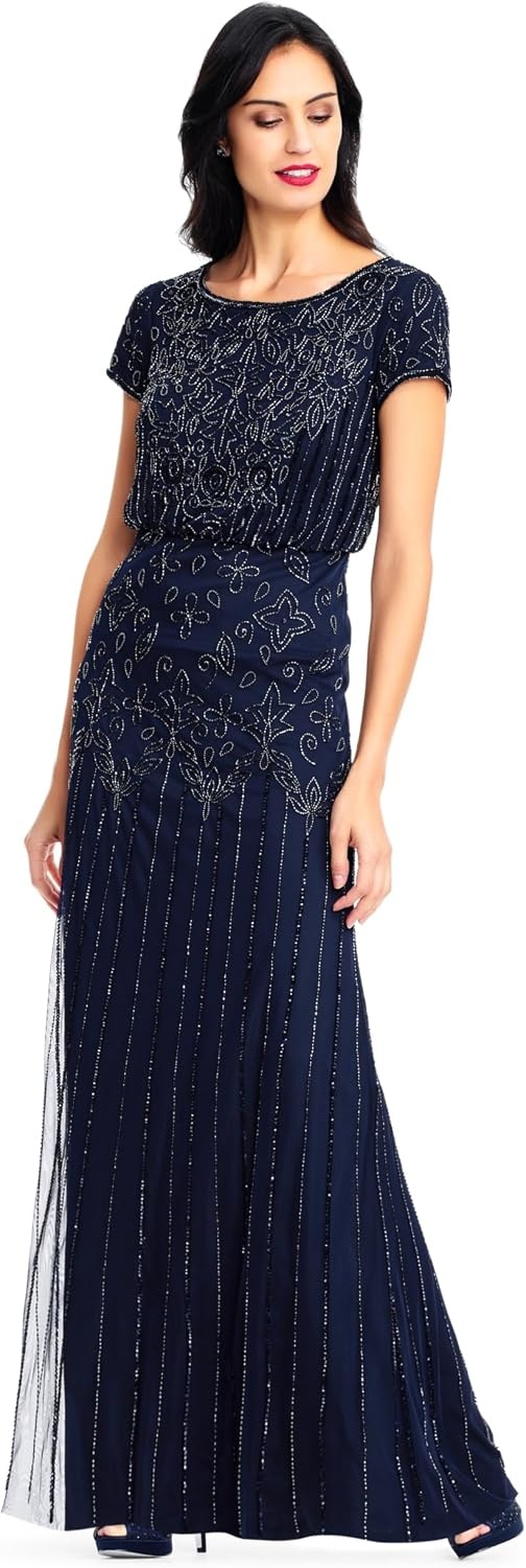 image:imageAdrianna Papell Boat Neck Short Sleeve Blouson Beaded GownNavy