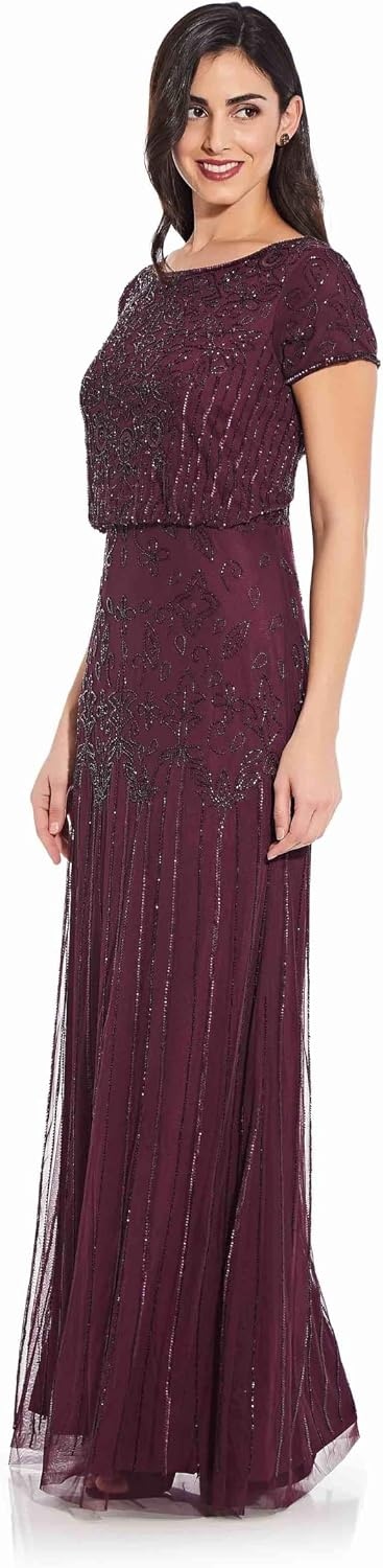 image:imageAdrianna Papell Boat Neck Short Sleeve Blouson Beaded GownPurple