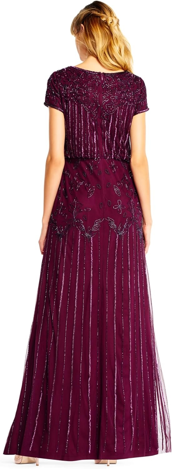 image:imageAdrianna Papell Boat Neck Short Sleeve Blouson Beaded GownPurple