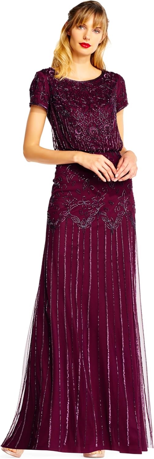 image:imageAdrianna Papell Boat Neck Short Sleeve Blouson Beaded GownPurple