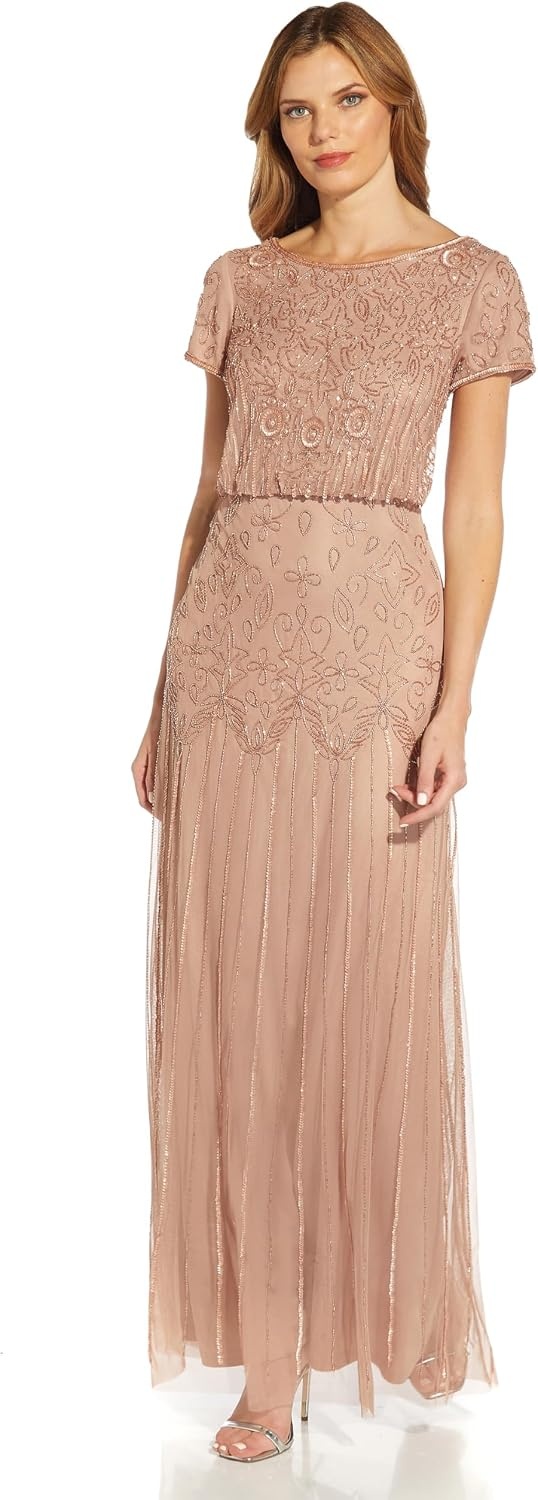 image:imageAdrianna Papell Boat Neck Short Sleeve Blouson Beaded GownRose Gold