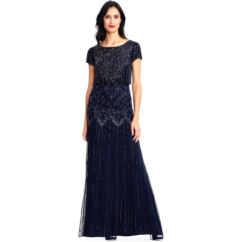 image:imageAdrianna Papell Boat Neck Short Sleeve Blouson Beaded GownNavy