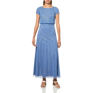 Adrianna Papell Boat Neck Short Sleeve Blouson Beaded Gown(French Blue)