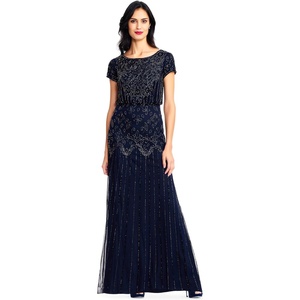 Adrianna Papell Boat Neck Short Sleeve Blouson Beaded Gown(Navy)