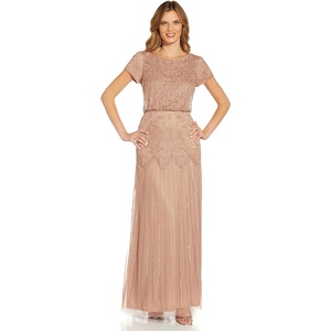 Adrianna Papell Boat Neck Short Sleeve Blouson Beaded Gown(Rose Gold)
